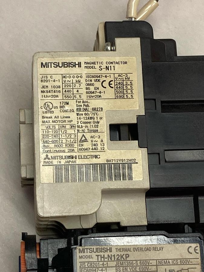 Used Mitsubishi,S-N11,Magnetic Contactor 20A w/TH-N12KP Overload Relay