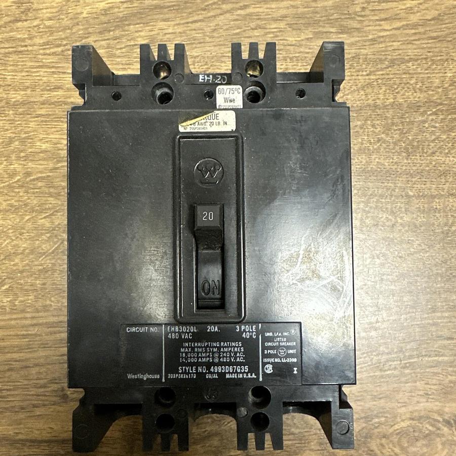 Used Westinghouse,EHB3020L,3 Pole 20A Circuit Breaker