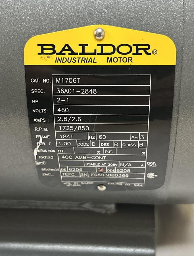 Used BALDOR,M1706T,AC MOTOR 21-HP 460V 1725/850 RPM 184T FRAME