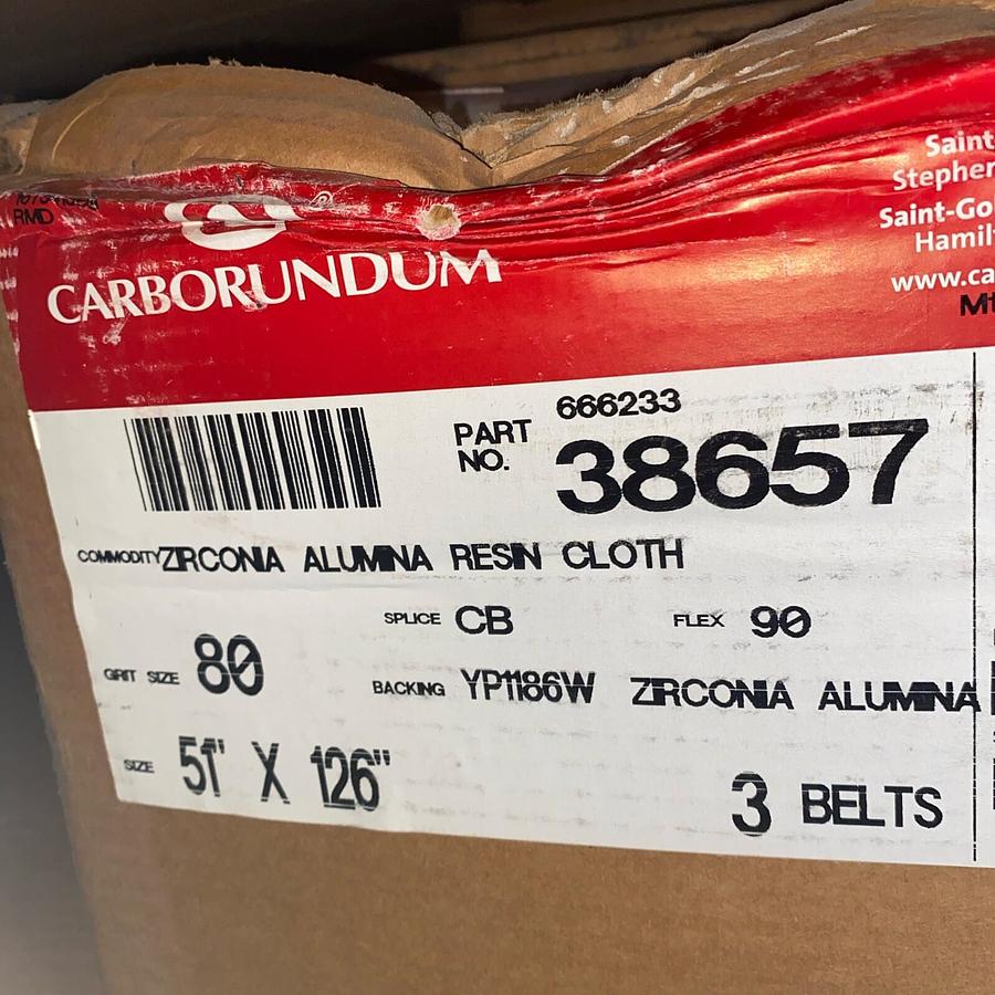 Used CARBORUNDUM,38657,80GRIT ZIRCONIA ALUMINA RESIN CLOTH 51"X126 3 BELTS SKID OF 14