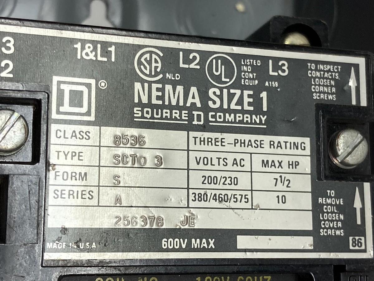 Used Square D,Class 8536 Type SCT03,Magnetic NEMA Size 00 Motor Starter