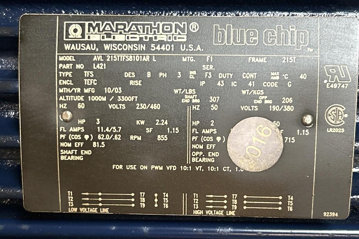 MARATHON,AVL215TTFS8101ARL,MOTOR 3HP 855RPM 230/460V 3PH 215T FRAME