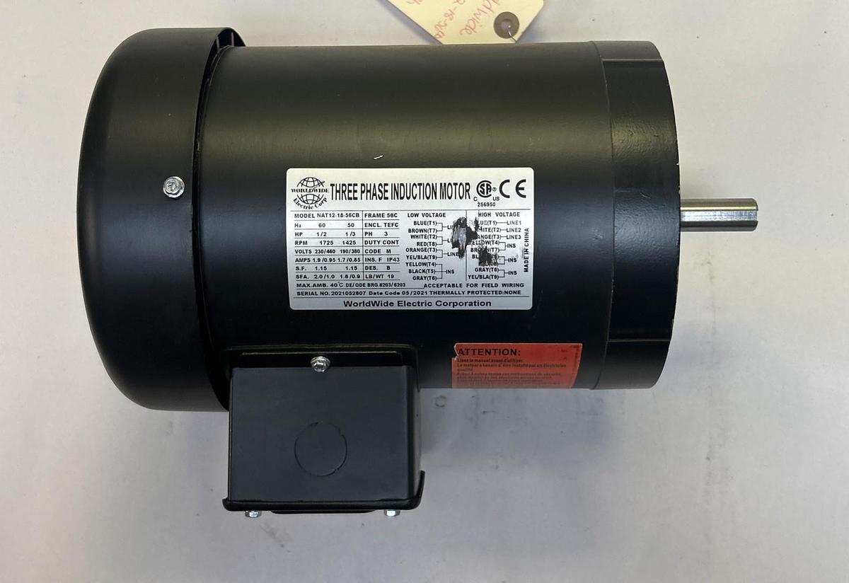 WORLDWIDE ELECTRIC,NAT12-18-56CB,INDUCTION MOTOR 1/2HP 1725RPM 230/460V 56C FR