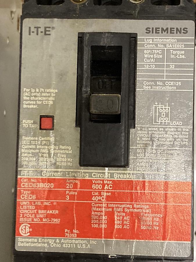 Used ITE Siemens,Model 95 36-89033,30 Amps Size 1 18 INCH Dual Disconnect Bucket