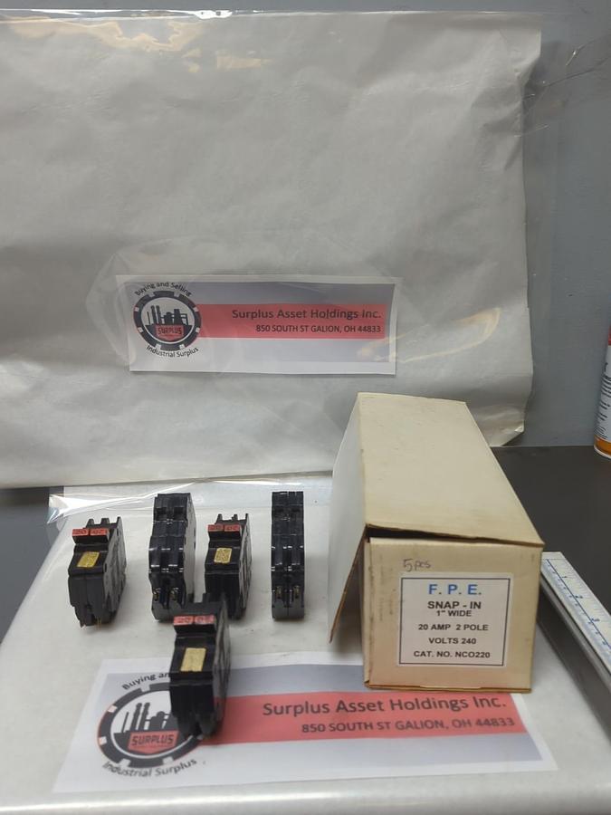 Used F.P.E,NC0220,CIRCUIT BREAKER 20 AMP 2-POLE LOT OF 5 PRE-OWNED