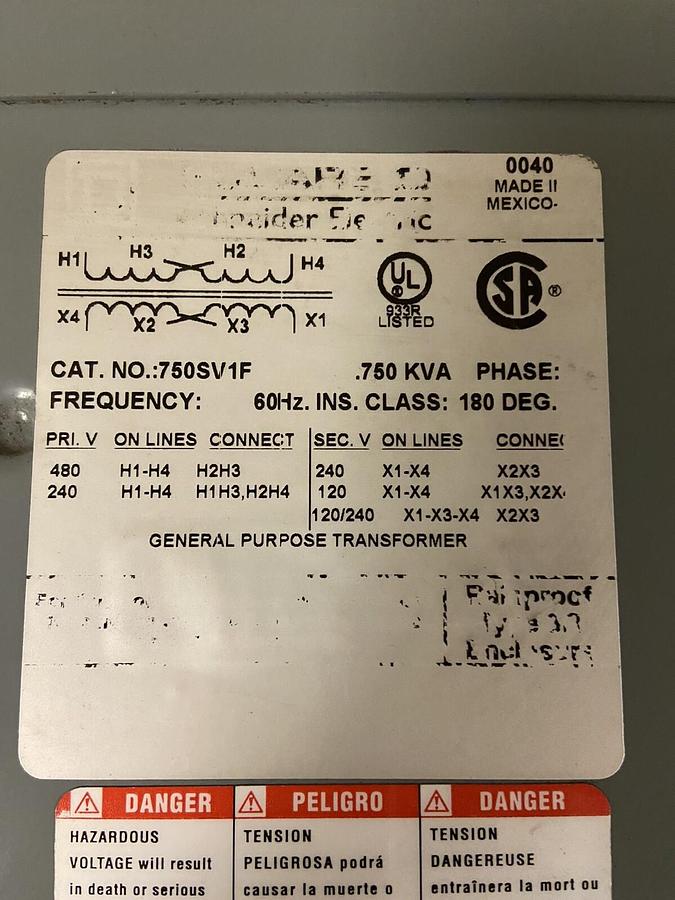 Square D,750SV1F,Transformer .750kVA 1PH Primary 480/240V SEC 240/120V