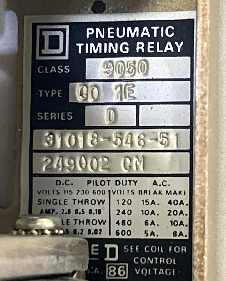 SQUARE D,9050-C0-1E,PNEUMATIC TIMING RELAY NOS