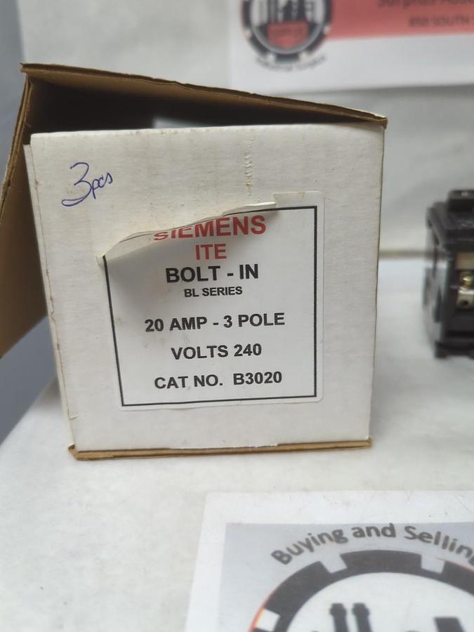 Used SIEMENS,B3020,CIRCUIT BREAKER 20 AMP 3-POLE LOT OF 3 PRE-OWNED