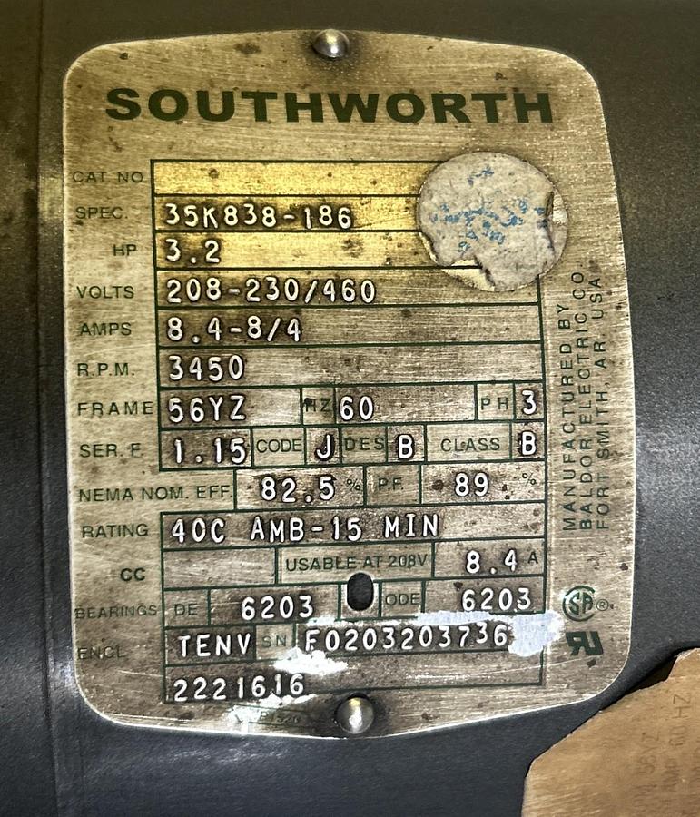 Used BALDOR,35K838-186,MOTOR 3.2HP 3450RPM 208-230/460V 56YZ FR