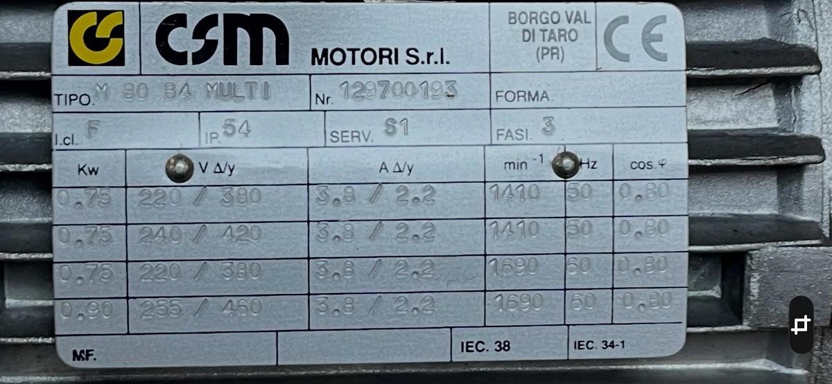 CSM,M-30-B4-MULTI,MOTOR .75/.9kW 220/460V 1410/1690RPM 3PH