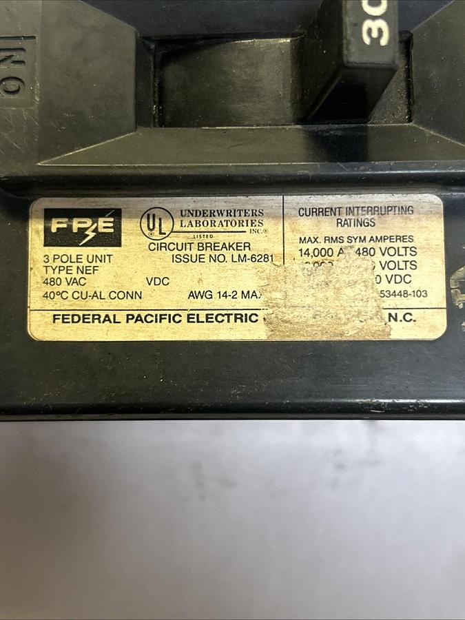 Used FEDERAL PACIFIC,NEF330,CIRCUIT BREAKER 30A 480V 3P