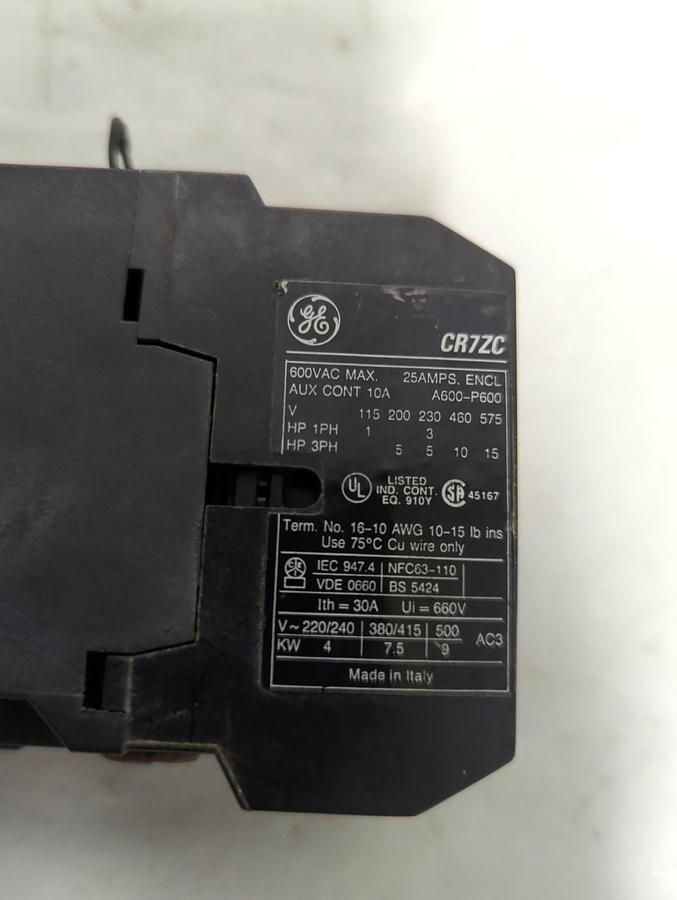 Used GE,CR7ZC,MSGNETIC CONTACTOR 600VAC 25A PRE-OWNED