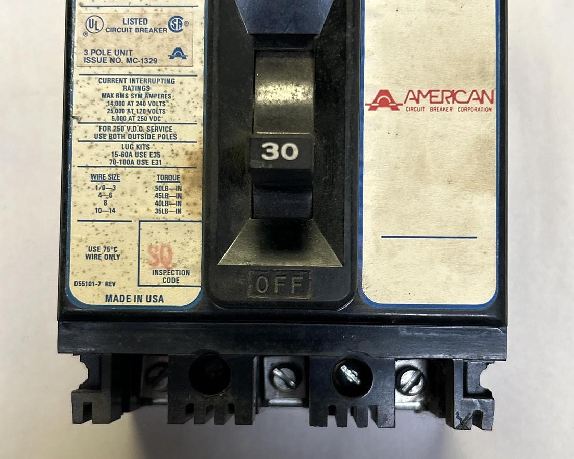 Used AMERICAN,NE331030,CIRCUIT BREAKER 30A 240V 3P