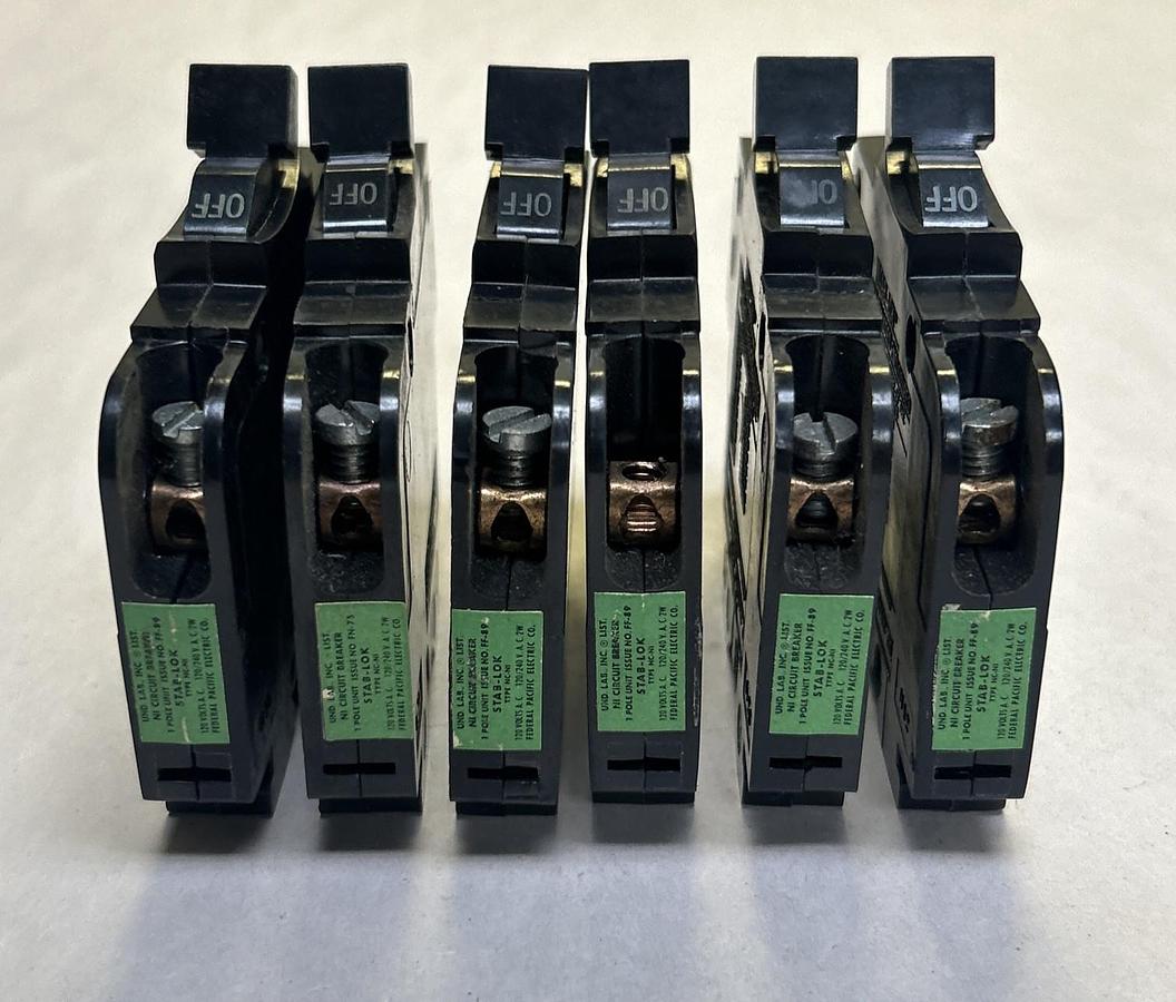 Used FEDERAL PACIFIC,NC115,CIRCUIT BREAKER 15A 120/240V 1P LOT OF 6