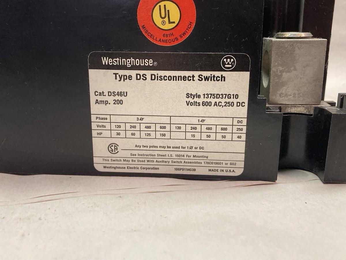 Westinghouse,DS46U,Type DS Disconnect Switch 200A 600Vac 30-150Hp