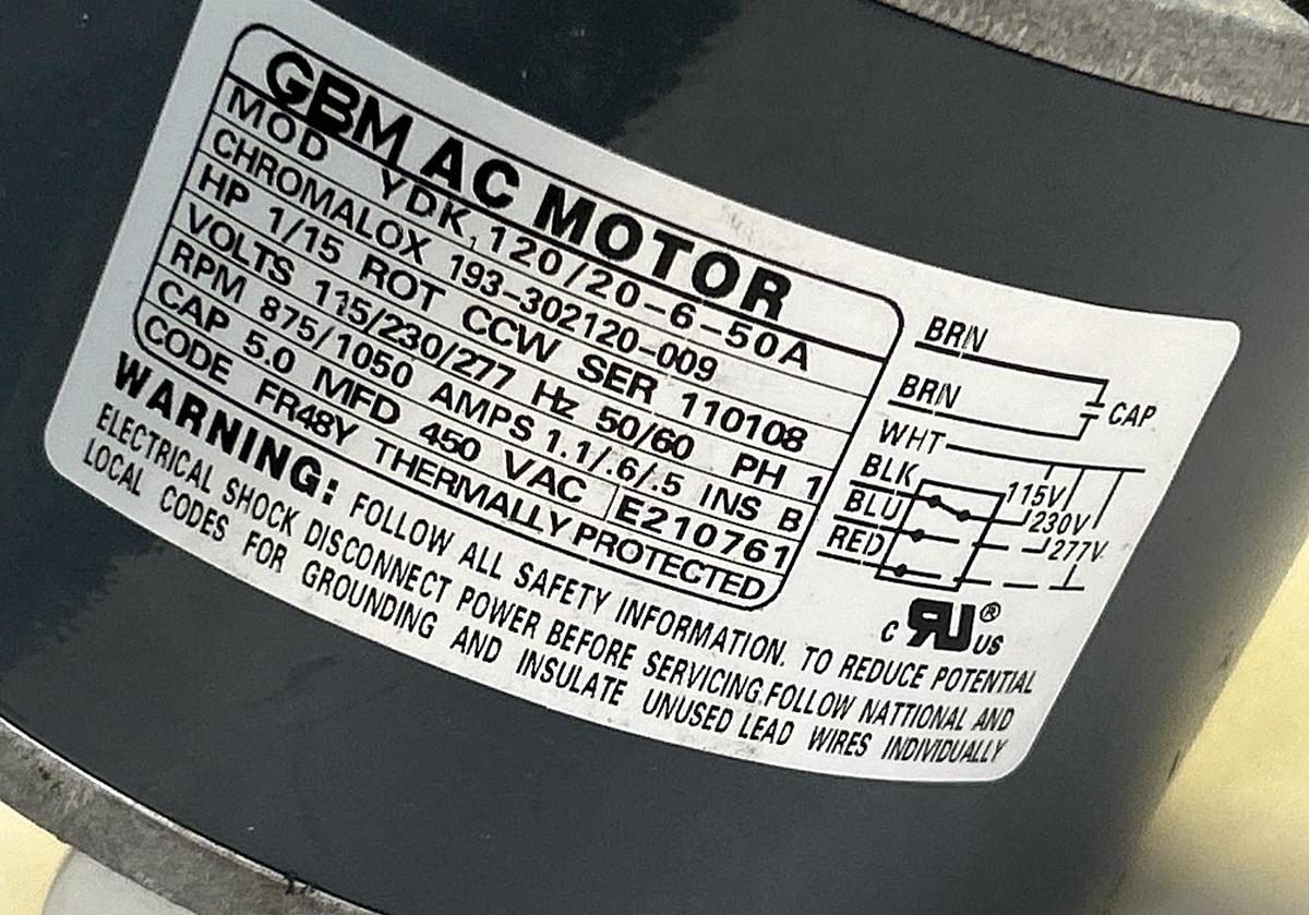 Used GBM,YDK120/20-6-50A,AC MOTOR 1/15HP 875/1050RPM 277V