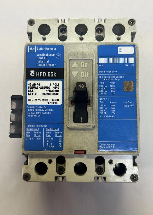 Used CUTLER-HAMMER,HFD3040L,CIRCUIT BREAKER 40A 600V 3P