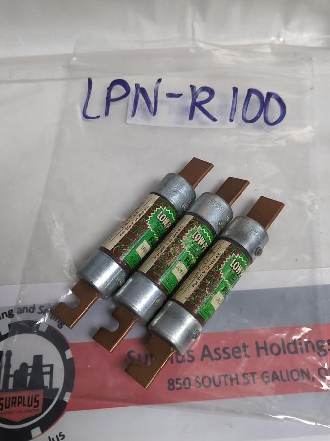 Used COOPER BUSSMANN,LPNR100,LOW-PEAK 100 AMP FUSE LOT OF 3 PRE-OWNED
