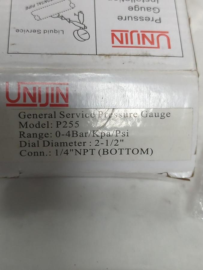 UNIJIN,P255,2-1/2 IN PRESSURE GAUGE 0-4BAR KPS/PSI 1/4 IN BOTTOM CONNECTION NOS