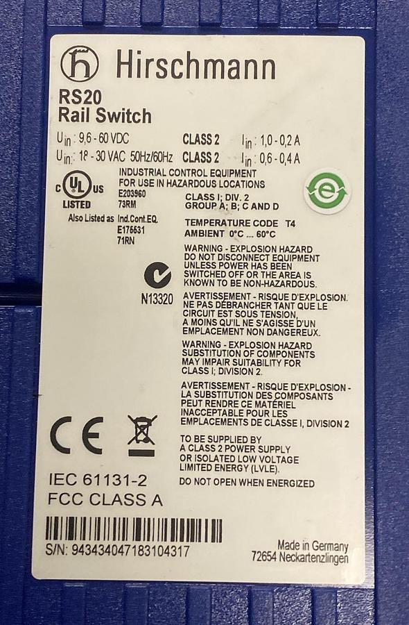 Used HIRSCHMANN,RS20,RAIL SWITCH 16 PORT 18-30VAC 9.6-60VDC