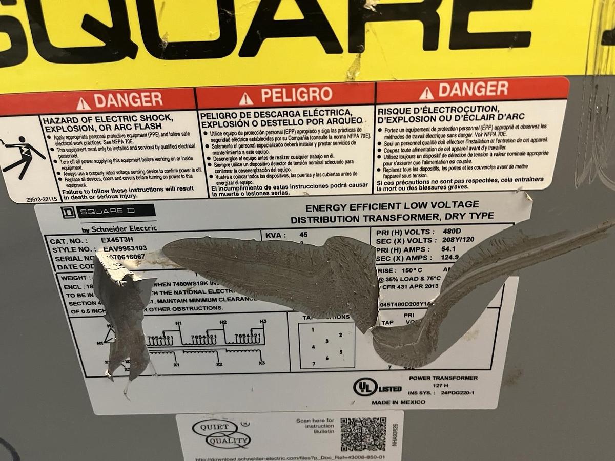 Used SQUARE D,EX45T3H,DRY TYPE 3PH TRANSFORMER 45KVA HV 480D LV 208Y/120V