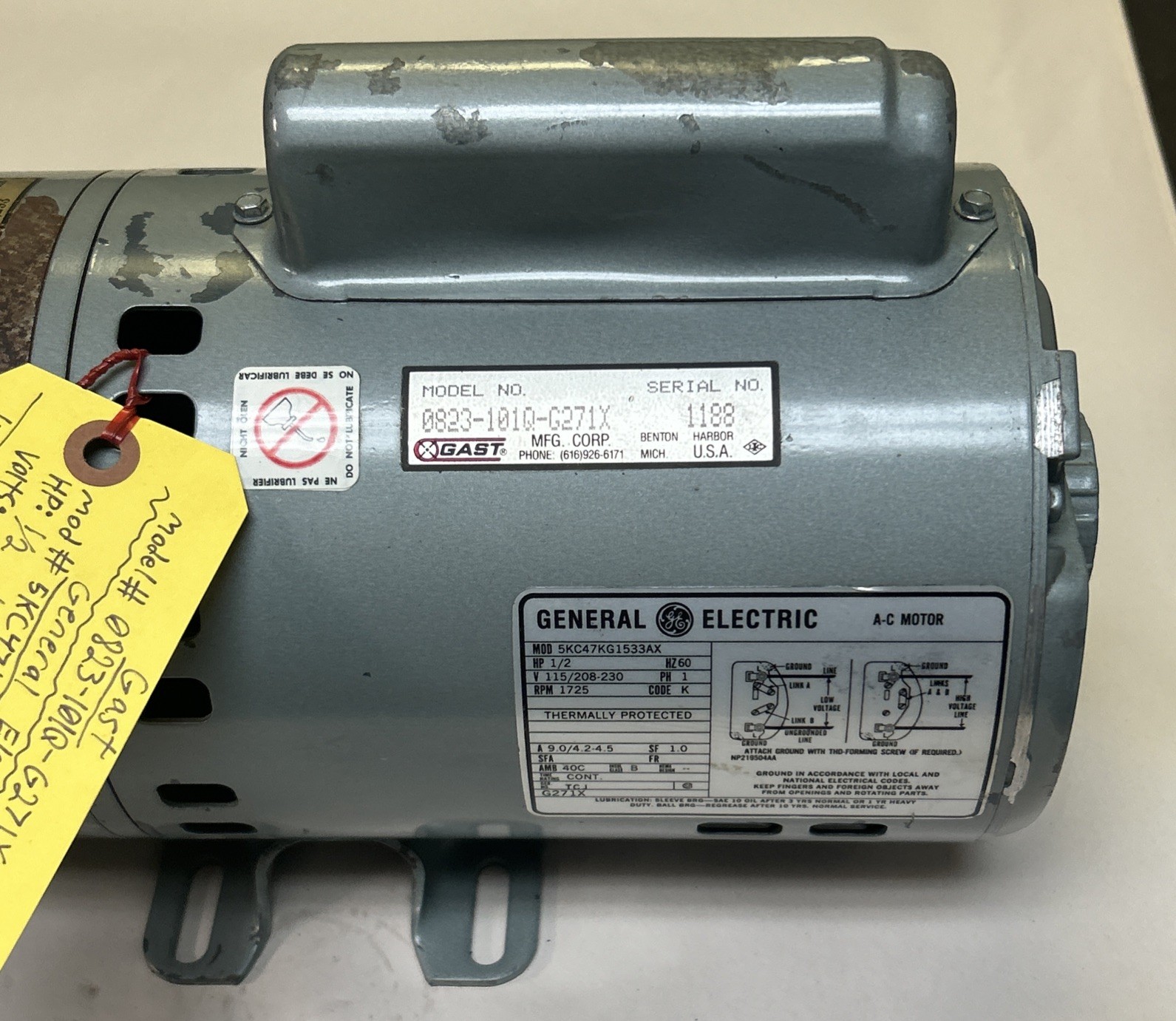 Used GAST,0823-10Q1-G271X,VACCUM PUMP COMPRESSOR / 5KC47KG1533AX 1/2HP 115/208-230V