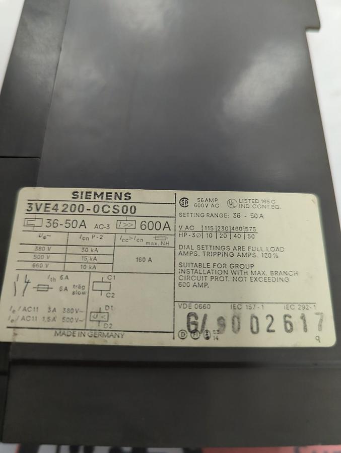 Used SIEMENS,3VE4200-0CS00,CIRCUIT BREAKER 36-50 AMP 600VAC PRE-OWNED