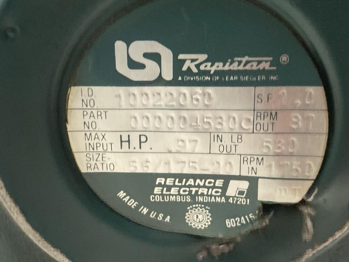 Used Reliance,5542A5530C,Rapistan Gear Reducer 1.11HP 1750RPM 56/175-20 Ratio