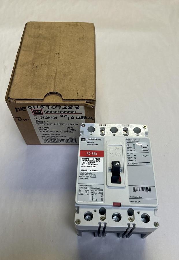 Used CUTLER-HAMMER,FD3020V,CIRCUIT BREAKER 20A 600V 3P NEW