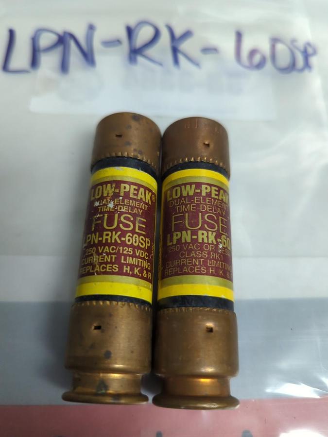 Used COOPER BUSSMANN,LPN-RK-60SP,LOW-PEAK 60 AMP FUSE LOT OF 2 PRE-OWNED