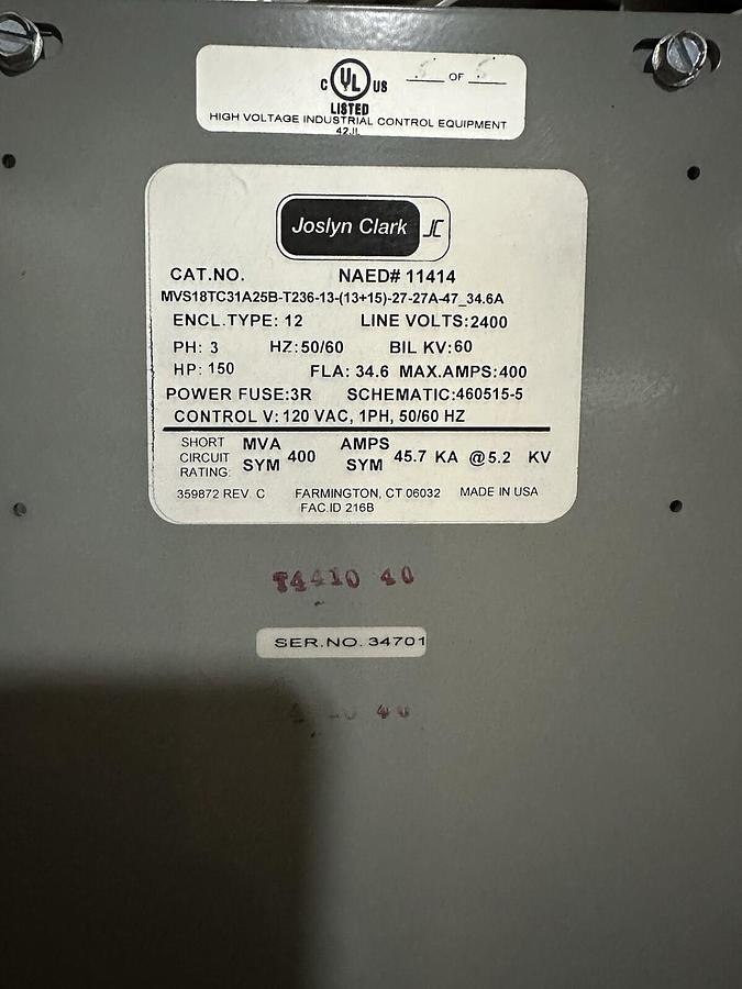 Used Joslyn Clark,2400V 400A MVS Motor Control Center MCC 1-125HP  2-150HP  w/ Main