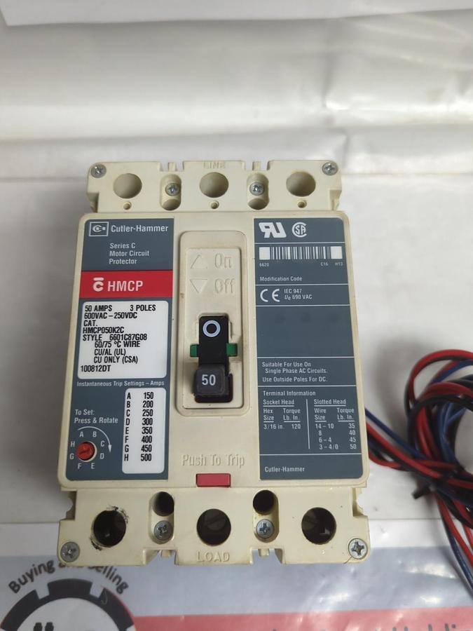 Used CUTLER HAMMER,HMCP050K2C,MOTOR CIRCUIT PROTECTOR 50 AMP 3-POLE PRE-OWNED