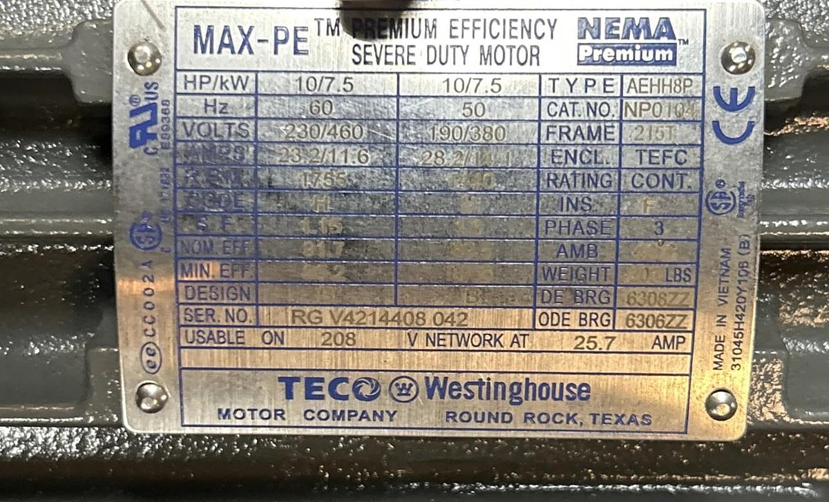 TECO WESTINGHOUSE,NP0104,MOTOR 10HP 230/460V 1755RPM 3PH 215T FR