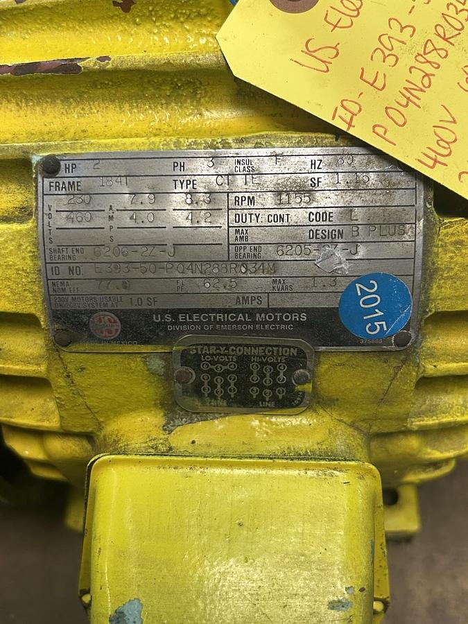 Used US MOTORS,E393-50-P04N288R034M,MOTOR 2HP 230/460V 1155RPM 3PH 184T FRAME
