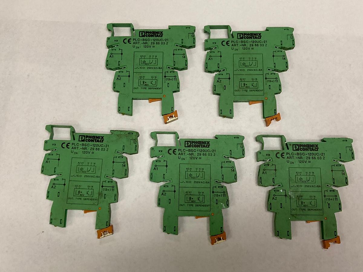 Used Phoenix Contact,PLC-BSC-120UC/21,Relay Base 2966032 120 VAC LOT OF 5