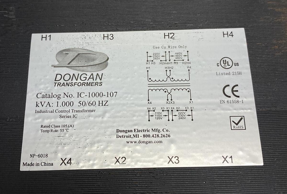 Used Dongan,IC-1000-107,Transformer kVA 1 50/60 HZ