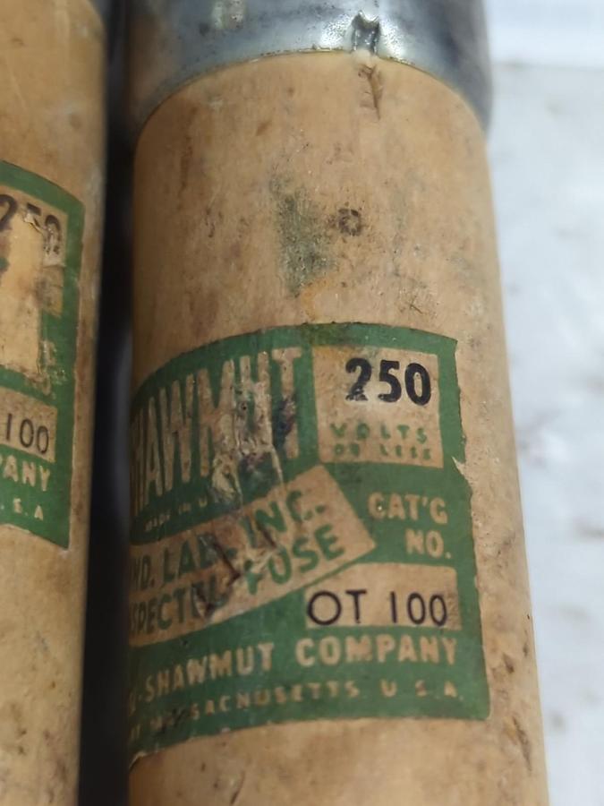 Used SHAWMUT,OT100,ONE-TIME 100 AMP FUSE LOT OF 2 PRE-OWNED