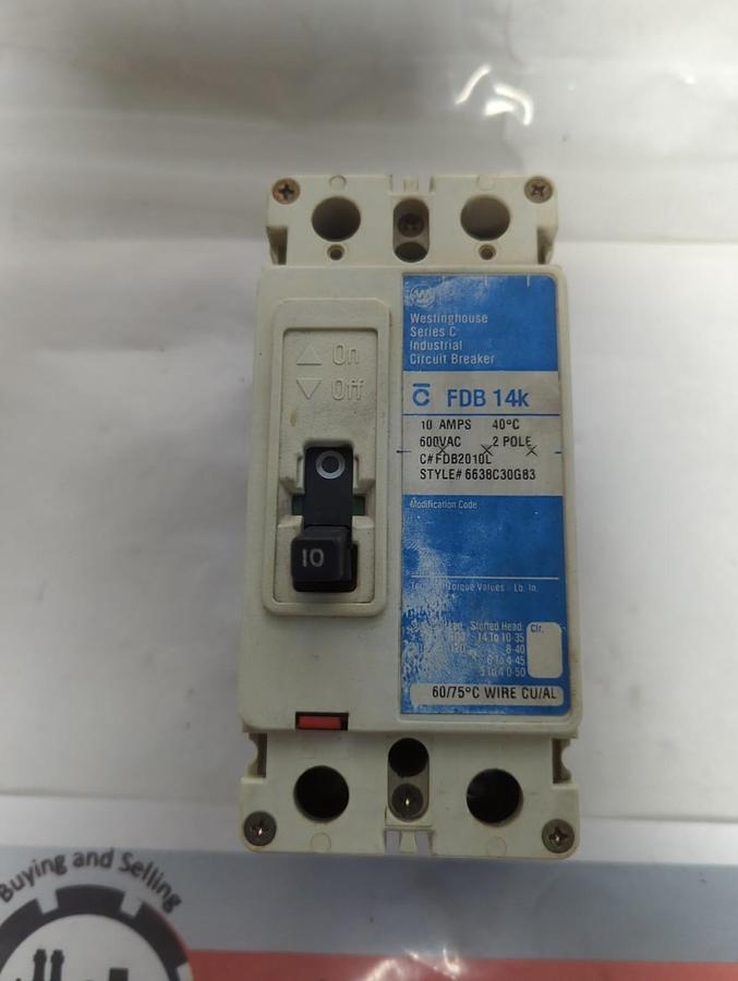 Used WESTINGHOUSE,6638C30G83,CIRCUIT BREAKER 2-POLE 10A 600VAC PRE-OWNED