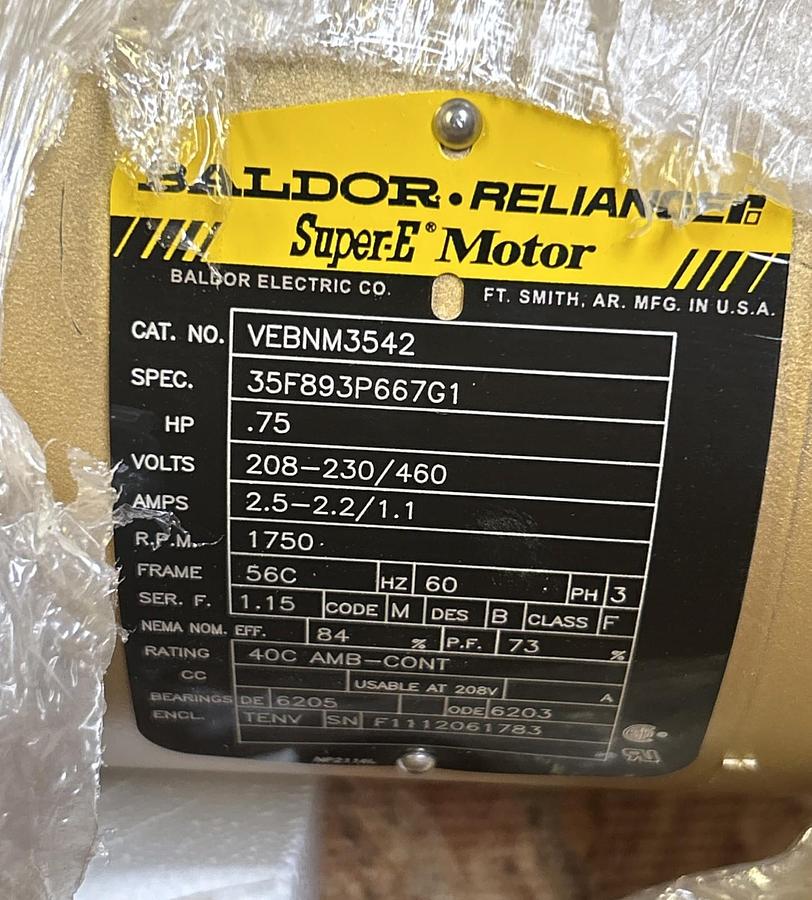 BALDOR,VEBNM3542,BRAKE MOTOR .75HP 1750RPM 208-230/460V 3PH 56C FRAME