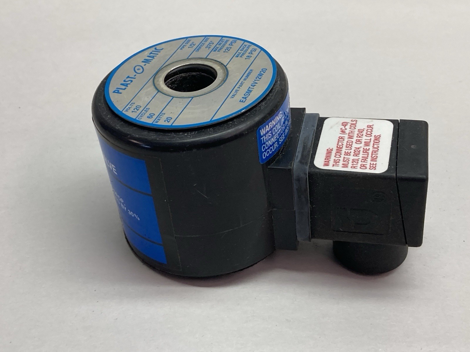 Used Plast-O-Matic,EASMT4V12W20,Valve 120V 60Cy 20W 1/2 Inch Pipe Size
