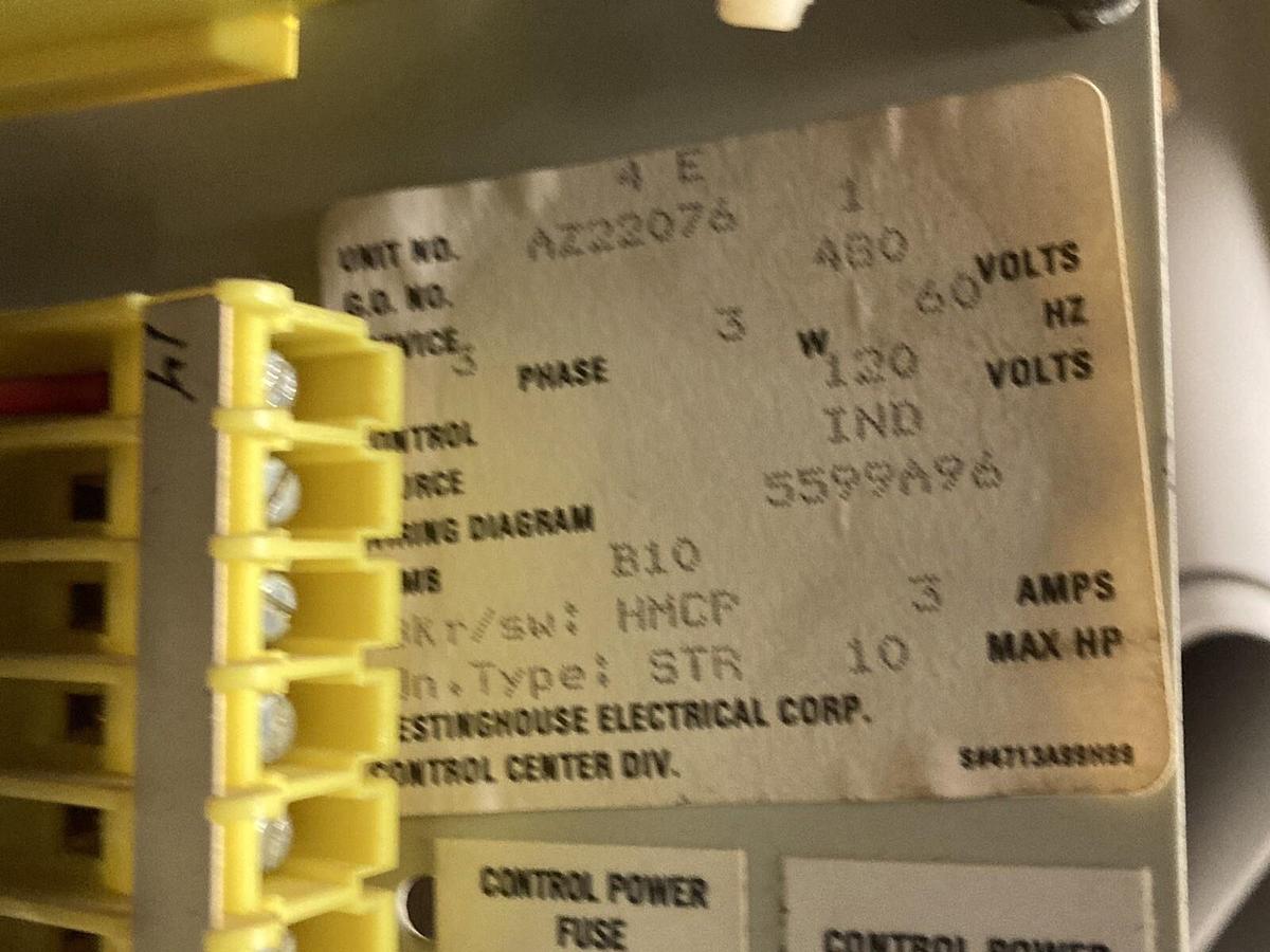 Used Westinghouse,Size 1 MCC 12 INCH Starter Bucket 3 Amps