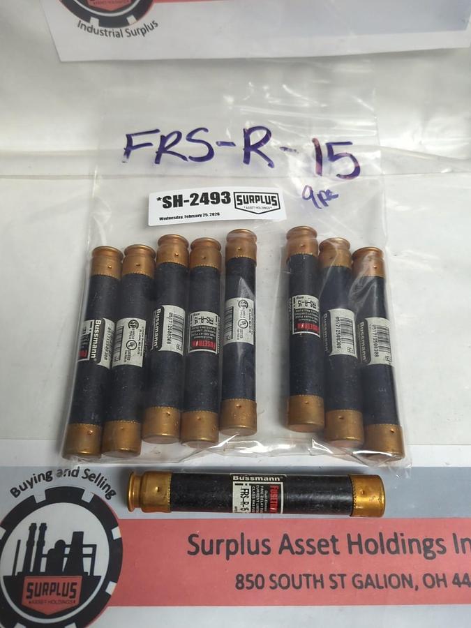 Used COOPER BUSSMANN,FRS-R-15,FUSETRON 15 AMP FUSE LOT OF 9 PRE-OWNED