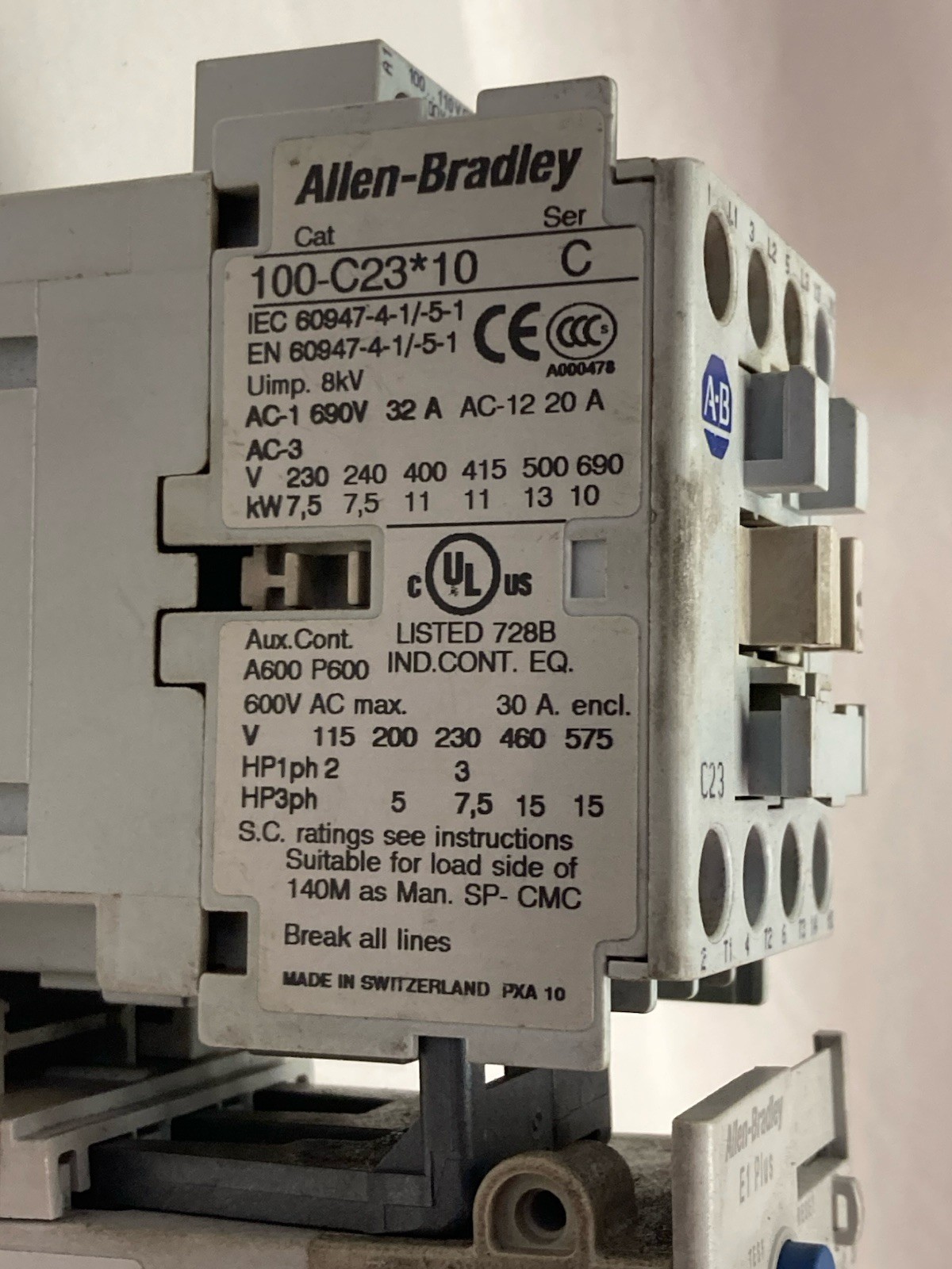 Used Allen-Bradley,100-C23*10,Contactor Ser C w/ 193-EEEB Ser C Overload Relay