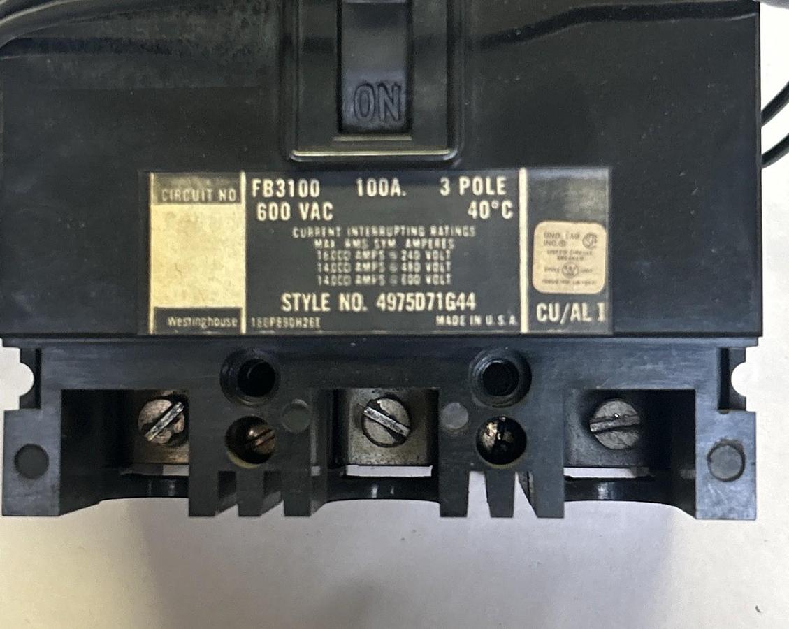 Used WESTINGHOUSE,FB3100,CIRCUIT BREAKER 100A 600V 3P