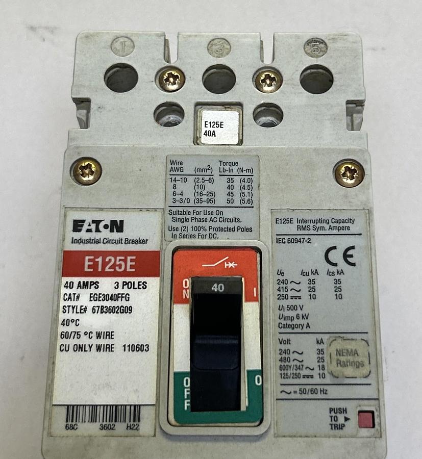 Used EATON,EGE3040FFG,CIRCUIT BREAKER 40A 345V 3P