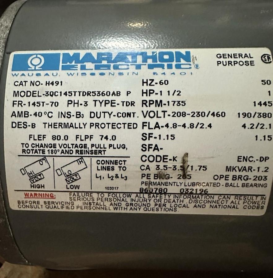 Used Marathon,3QC145TTDR5360ABP,3 Phase 1.5HP 1735RPM Fr 145T-70 AC Motor
