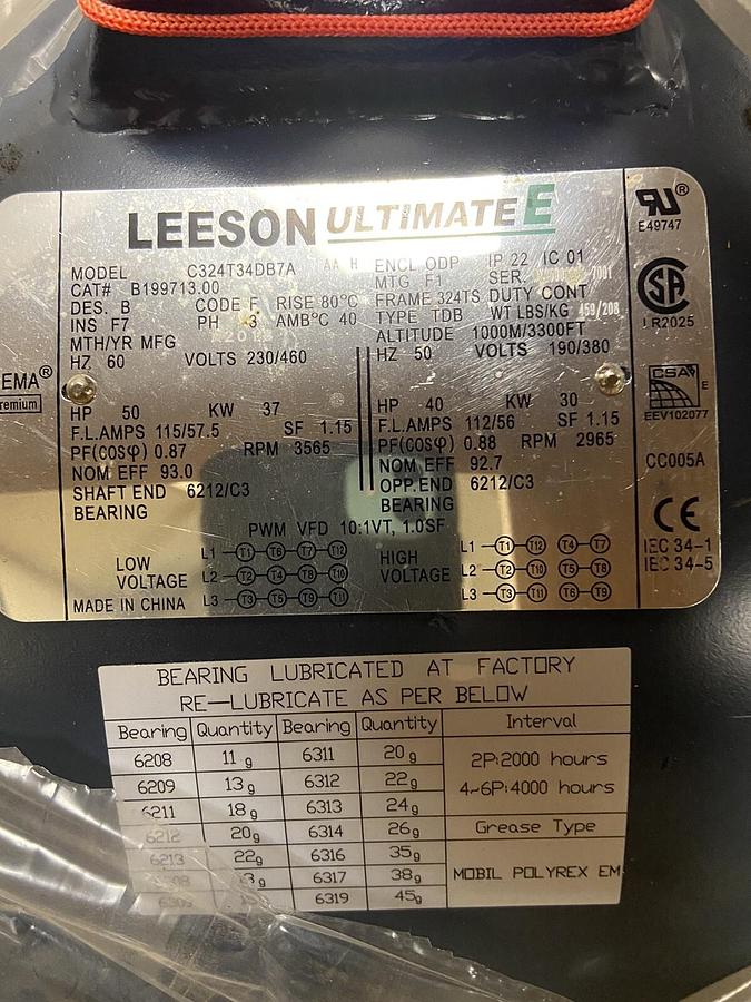Used Leeson,C324T34DB74,50Hp Ultimate E Motor 3565RPM 230/460V Frame 324TS B199713.00