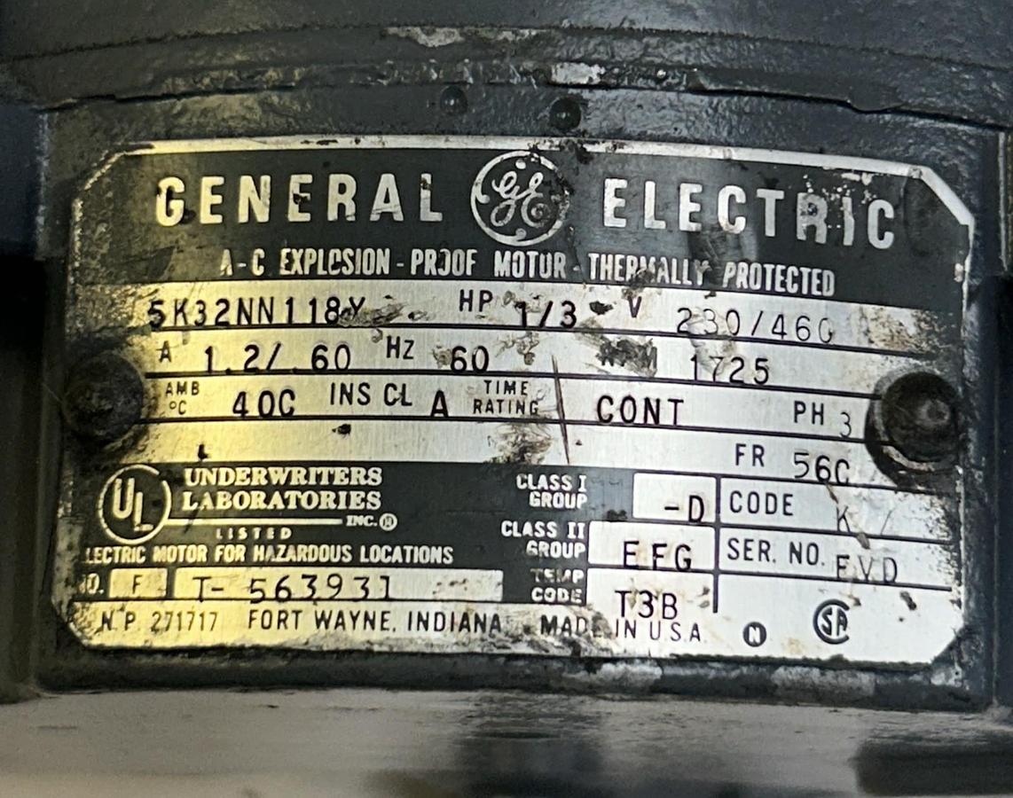 Used GENERAL ELECTRIC,5K32NN118Y,EXPLOSION PROOF MOTOR 1/3HP 1725RPM 230/460V 56C FR