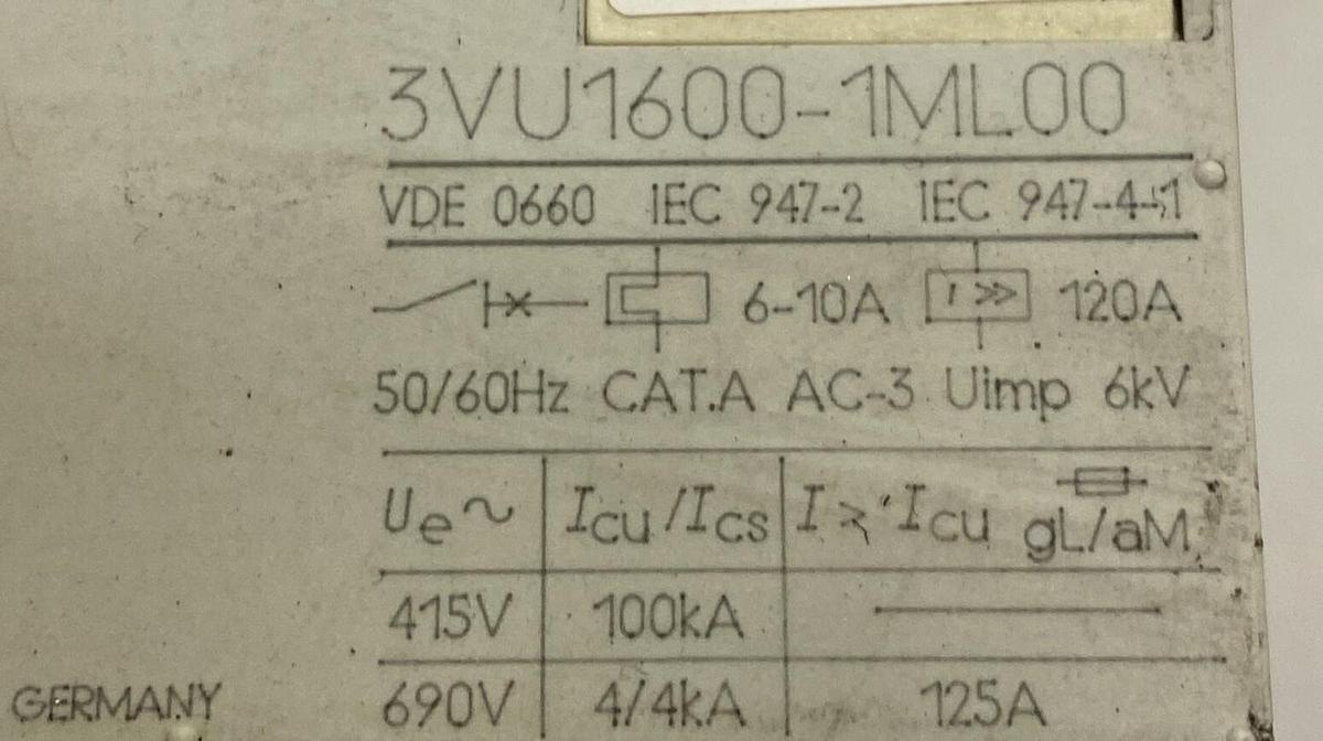 Used SIEMENS,3VU1600-1ML00,MOTOR STARTER PROTECTOR 6-10A 3P LOT OF 2
