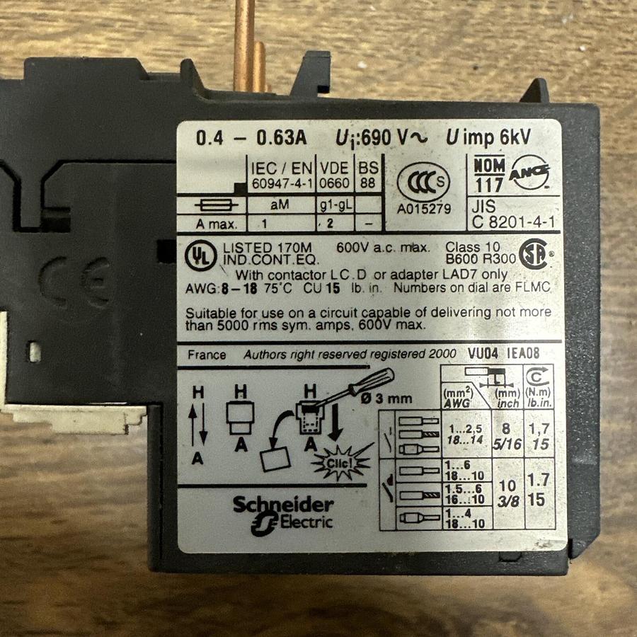 Used Telemecanique Square D,LRD 04 .4-0.63A,Overload Relay